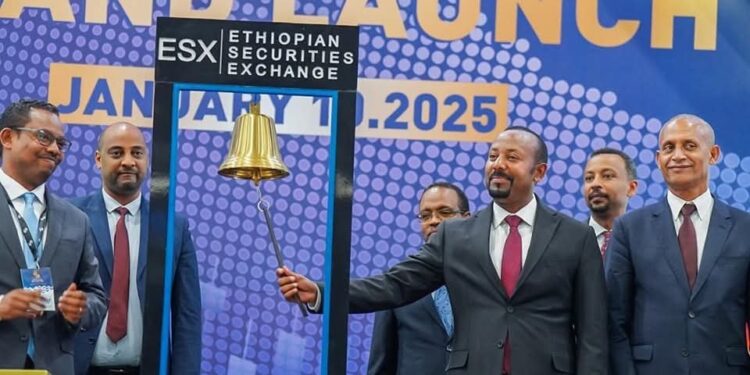 PM Abiy Ahmed ringing the bell to launch ESX